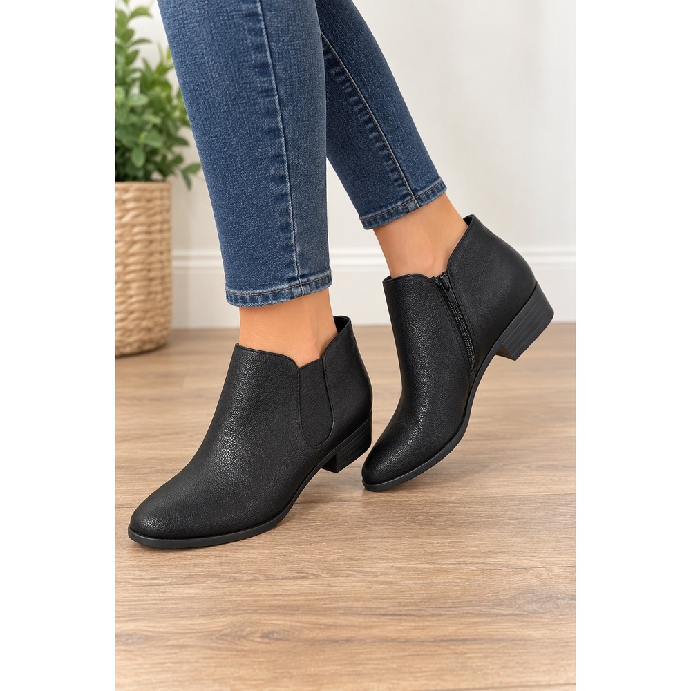 Kensie Sammy Black Pebbled Ankle Boots Side Zip Low Block Heel Booties Size 9M